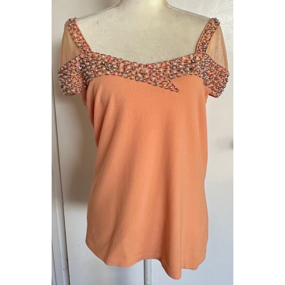 Midnight Velvet Pearl Mesh Rhinestone Cold Shoulder Knit Top Peach Orange L READ